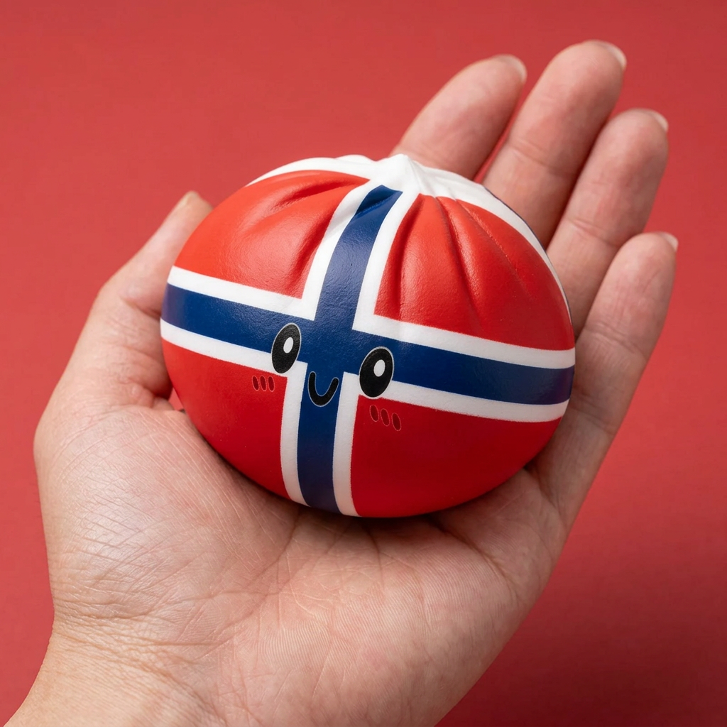 Norway Flag Dumpling Squishy held in hand, actual size
