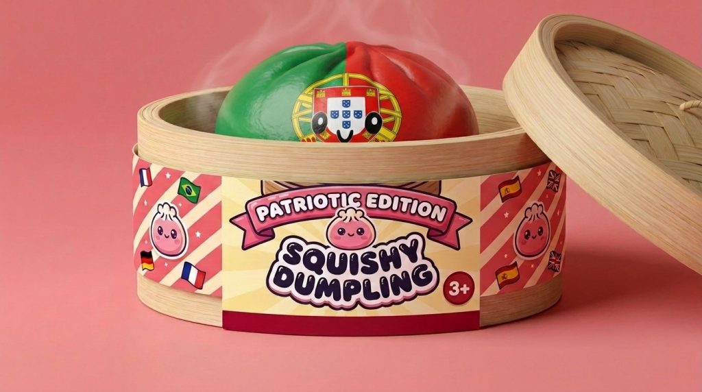 Portugal Flag Squishy Dumpling in its bamboo steamer box