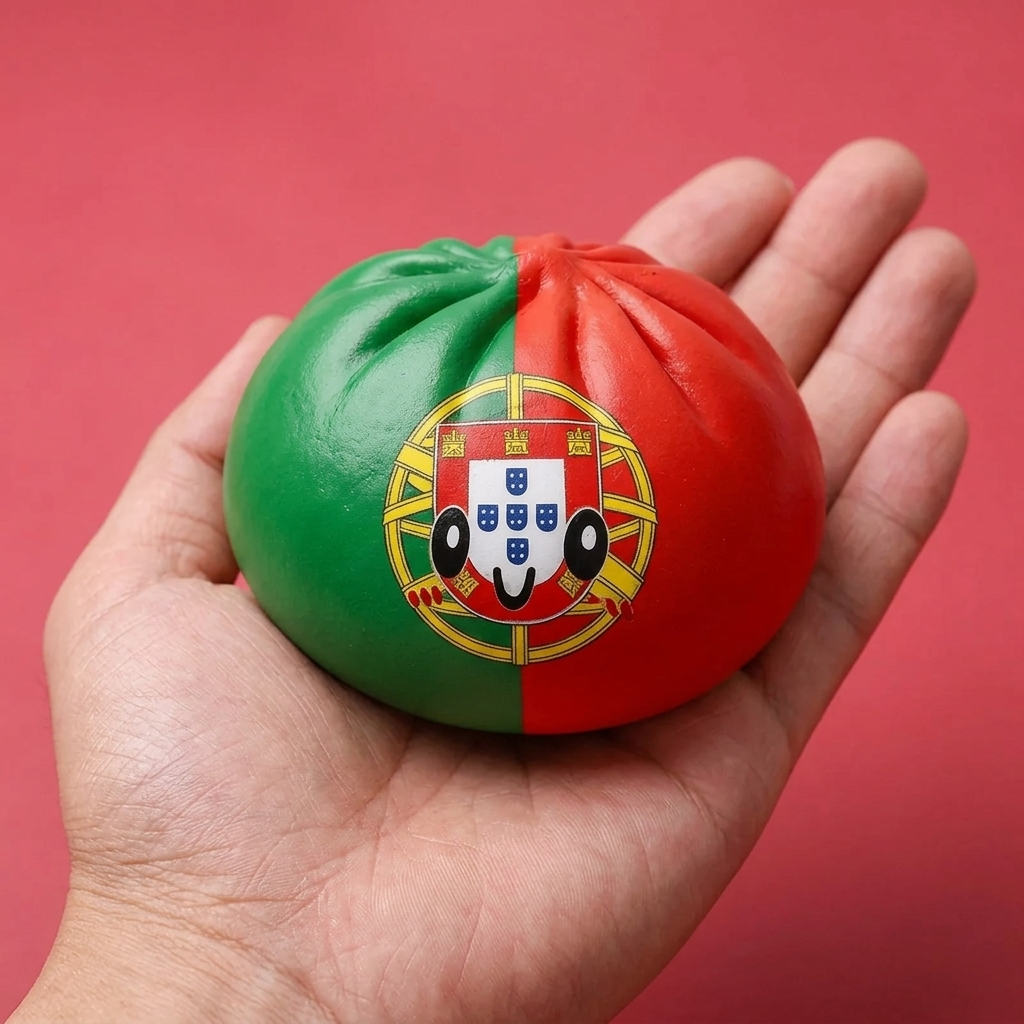 Portugal Flag Squishy Dumpling held in hand, actual size