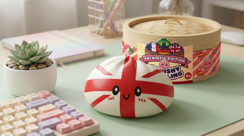 UK Flag Dumpling Squishy Toy in its kawaii setting