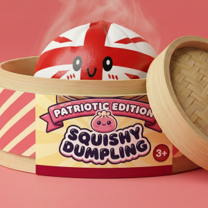 UK Flag Dumpling Squishy Toy in its bamboo steamer box