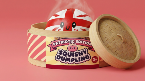 UK Flag Dumpling Squishy Toy in its bamboo steamer box