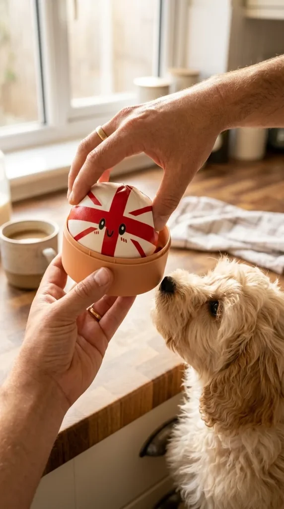 UK Flag Dumpling Squishy Toy with a plush friend