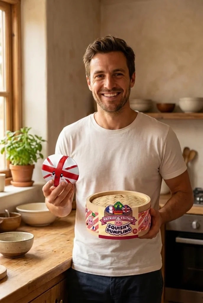 UK Flag Dumpling Squishy Toy with its box