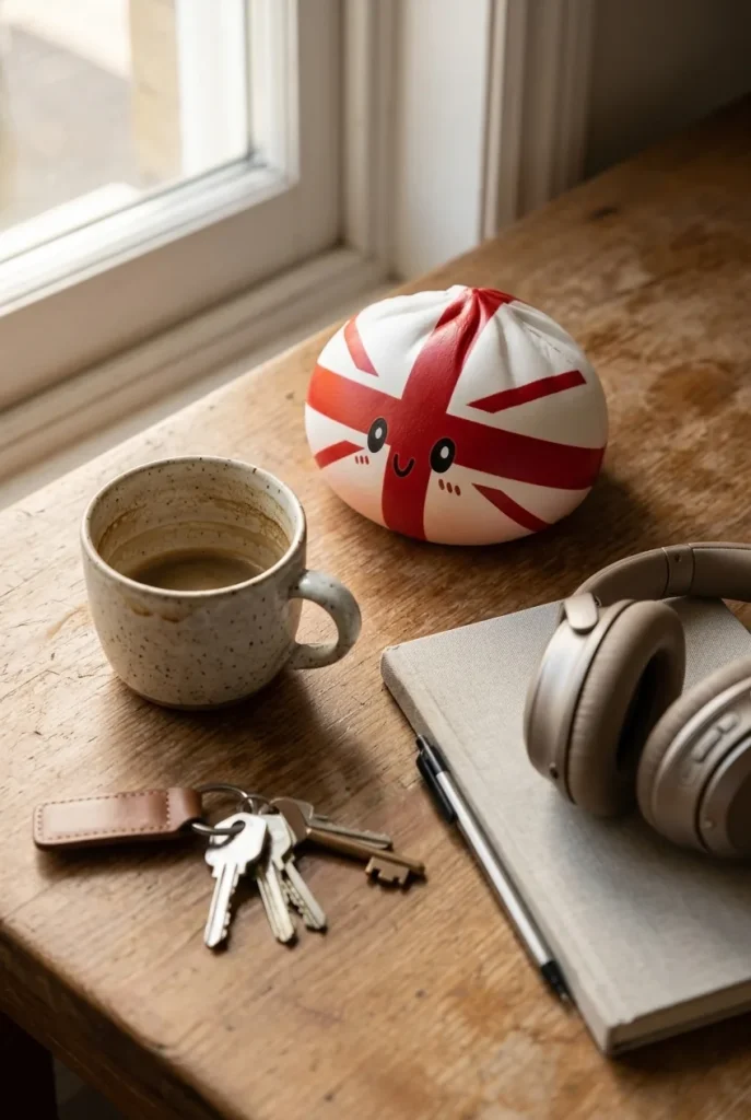 UK Flag Dumpling Squishy Toy on the desk
