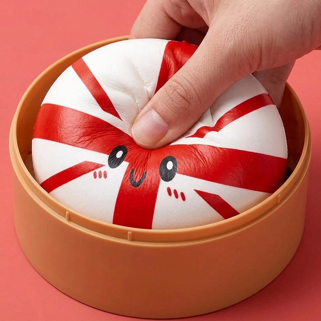 UK Flag Dumpling Squishy Toy being squeezed, soft slow-rise foam