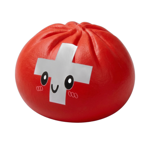 Swiss Flag Dumpling Squishy Toy being squeezed, soft slow-rise foam
