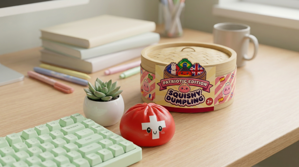Swiss Flag Dumpling Squishy Toy in its kawaii setting
