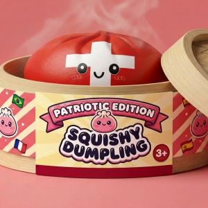 Swiss Flag Dumpling Squishy Toy in its bamboo steamer box
