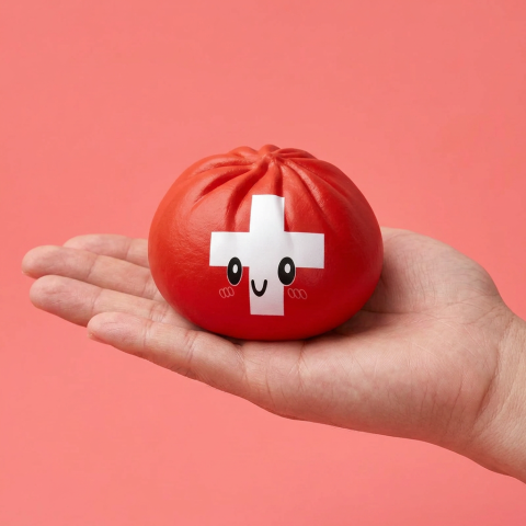 Swiss Flag Dumpling Squishy Toy held in hand, actual size