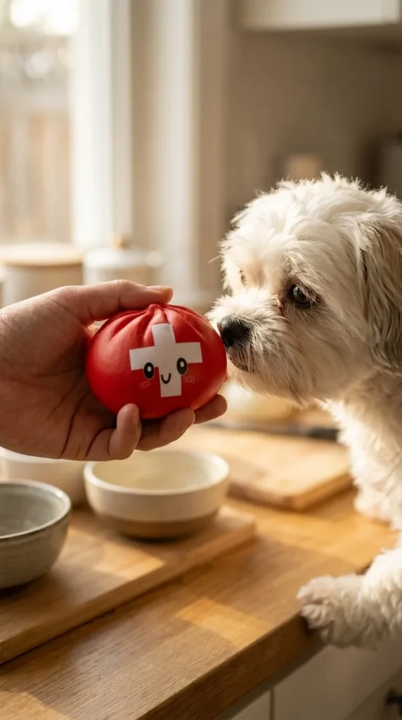 Swiss Flag Dumpling Squishy Toy with a plush friend