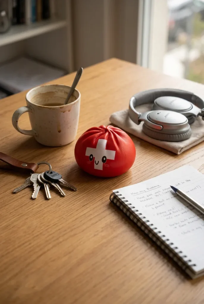 Swiss Flag Dumpling Squishy Toy on the desk
