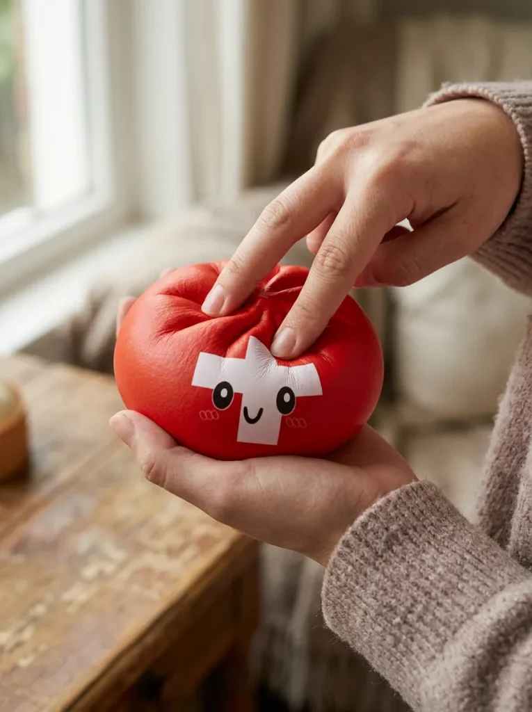 Swiss Flag Dumpling Squishy Toy mid-squish