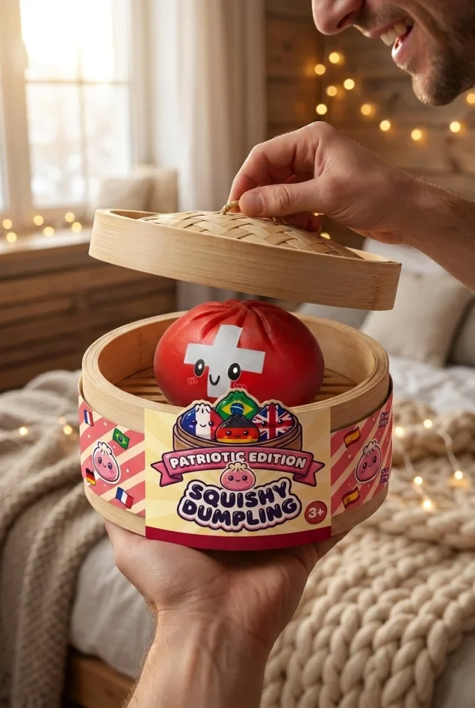 Swiss Flag Dumpling Squishy Toy unboxing moment