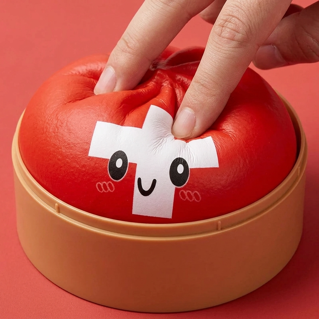 Swiss Flag Dumpling Squishy Toy being squeezed, soft slow-rise foam