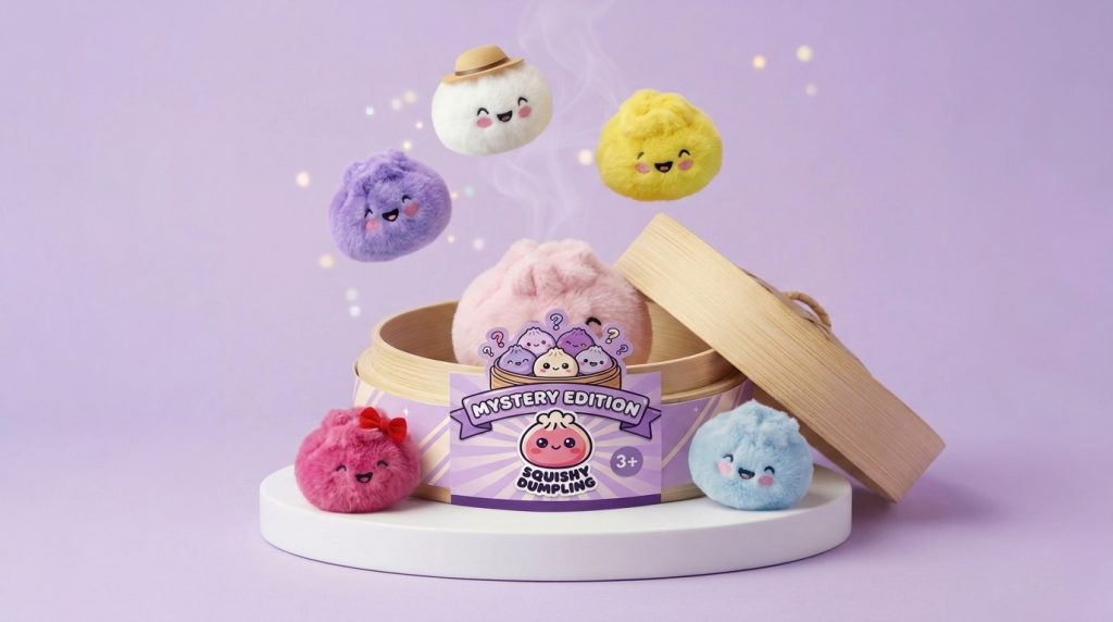 Dumpling Squishy Mystery Surprise being squeezed, soft slow-rise foam