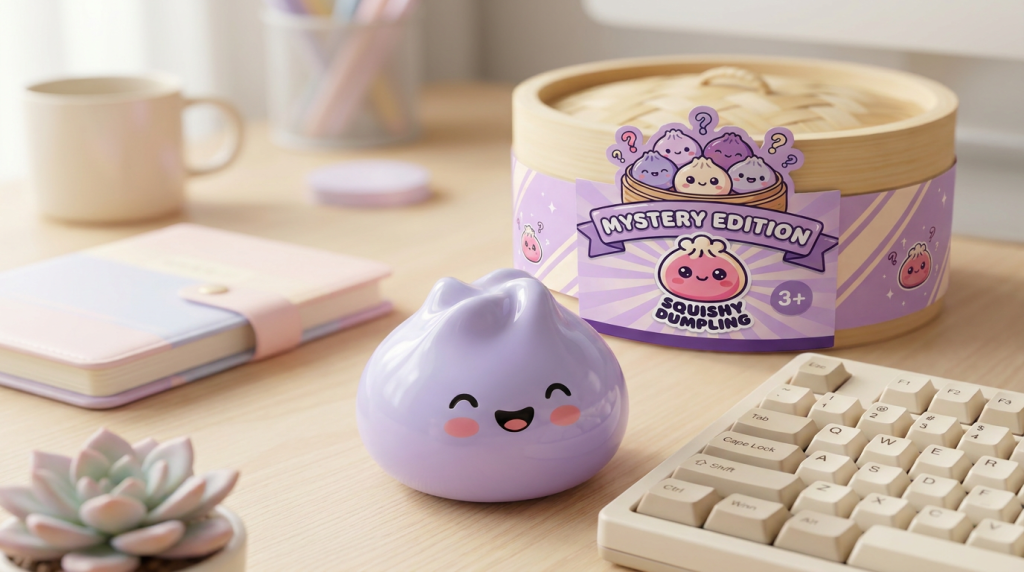 Dumpling Squishy Mystery Surprise in its kawaii setting