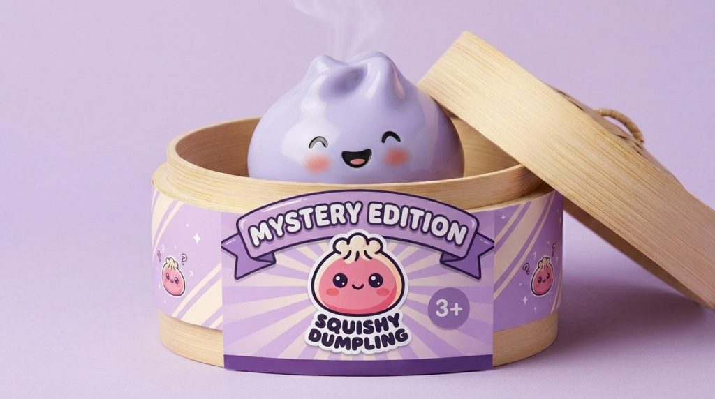 Dumpling Squishy Mystery Surprise in its bamboo steamer box
