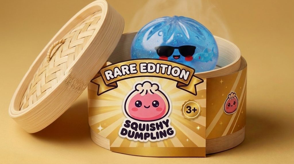 Sunglasses Dumpling Squishy in its bamboo steamer box