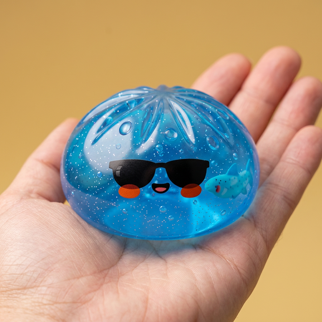 Sunglasses Dumpling Squishy held in hand, actual size