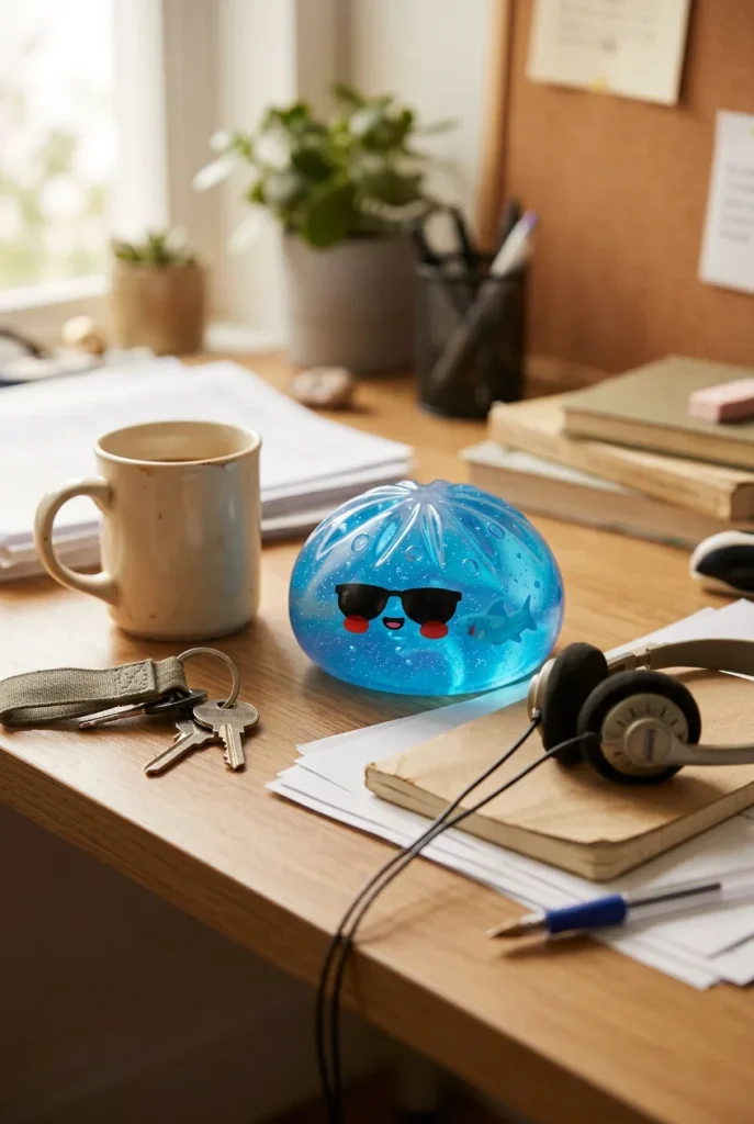 Sunglasses Dumpling Squishy on the desk