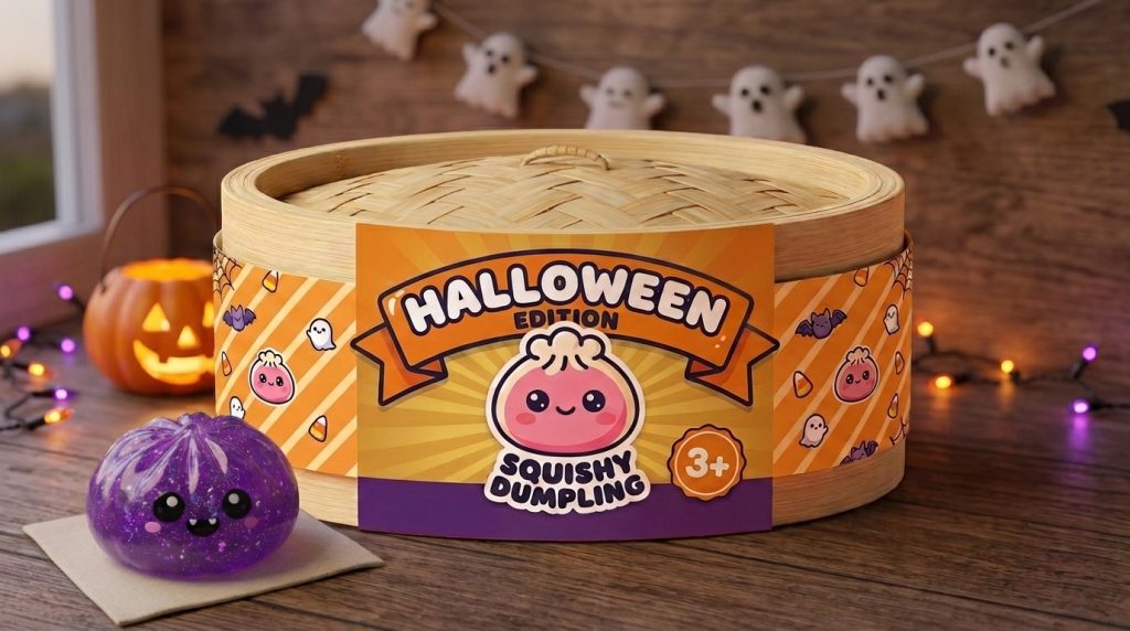 Vampire Halloween Glitter Dumpling Squishy in its kawaii setting