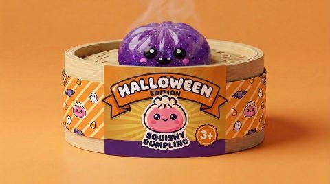Vampire Halloween Glitter Dumpling Squishy in its bamboo steamer box