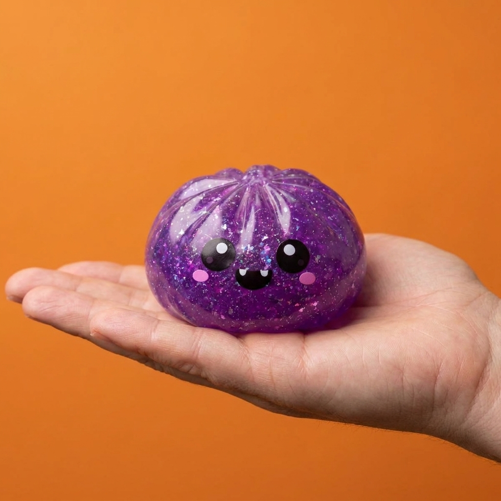 Vampire Halloween Glitter Dumpling Squishy held in hand, actual size