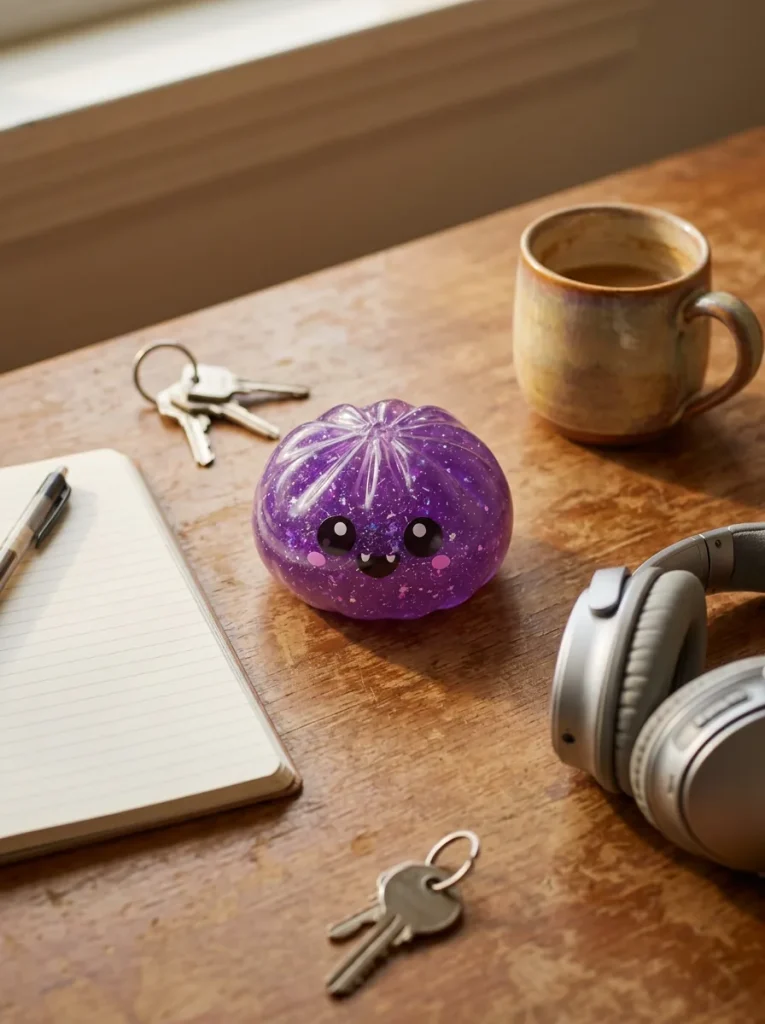Vampire Halloween Glitter Dumpling Squishy on the desk
