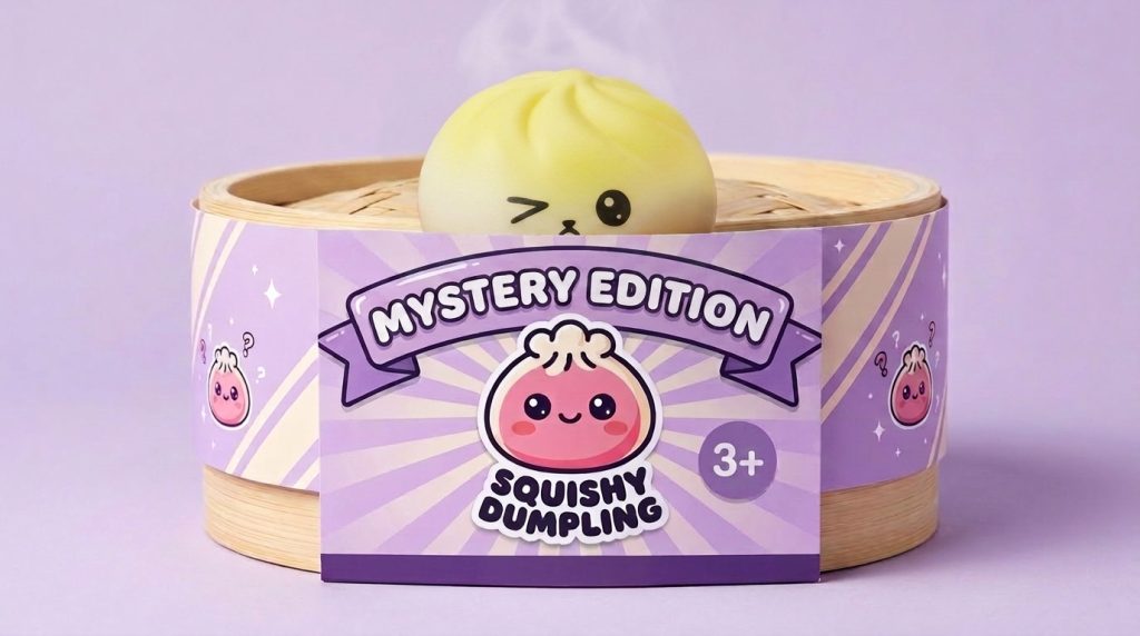 Viral Mystery Dumpling Squishy in its bamboo steamer box