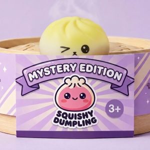 Viral Mystery Dumpling Squishy in its bamboo steamer box