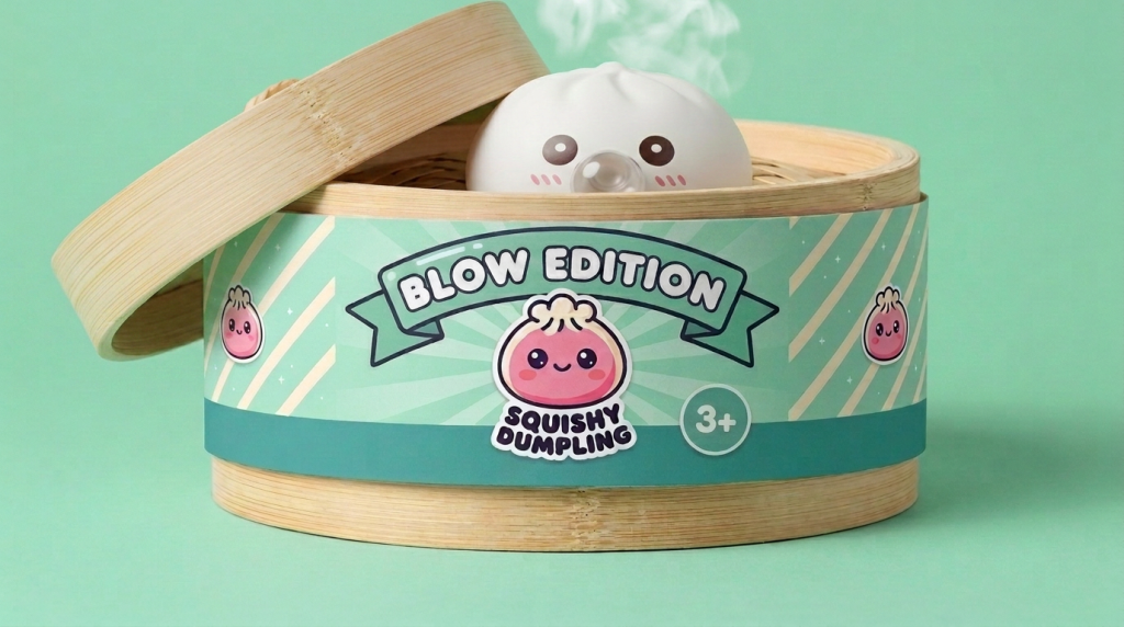 Giant Dumpling Squishy Cloud White in its bamboo steamer box