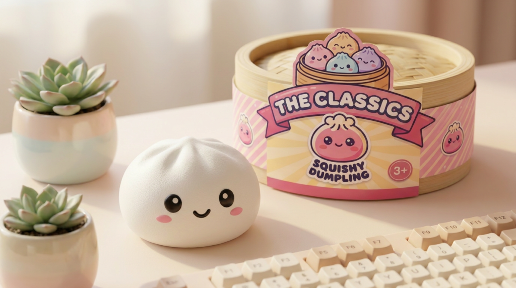 Snow White Dumpling Squishy in its kawaii setting
