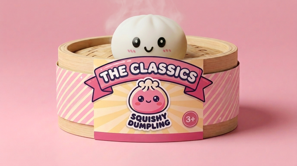 Snow White Dumpling Squishy in its bamboo steamer box