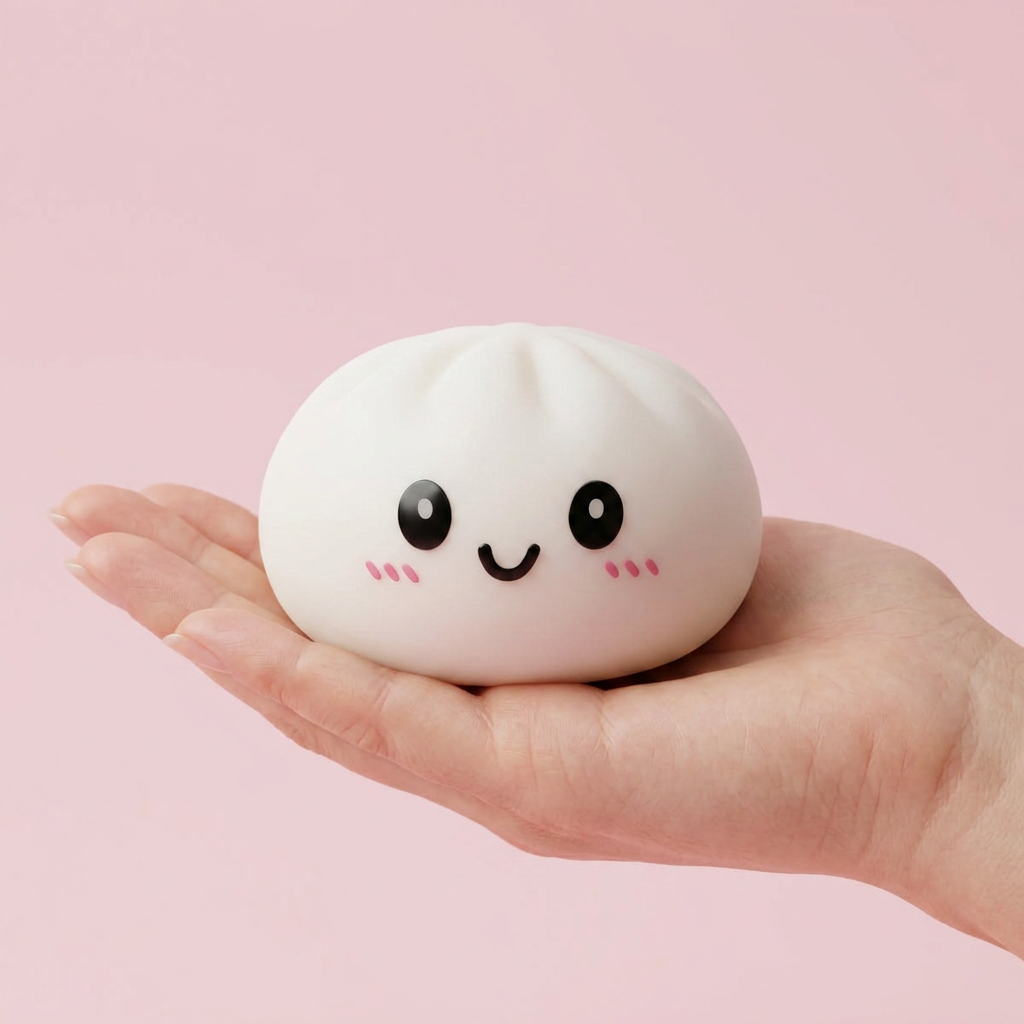 Snow White Dumpling Squishy held in hand, actual size