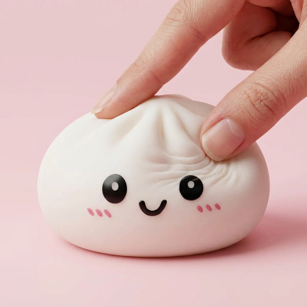 Snow White Dumpling Squishy being squeezed, soft slow-rise foam