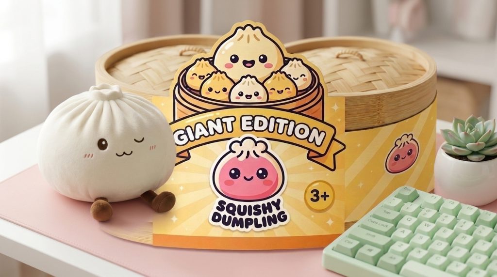 White XXL Dumplings Squishy Toy in its kawaii setting