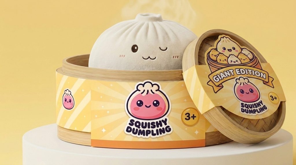 White XXL Dumplings Squishy Toy in its bamboo steamer box
