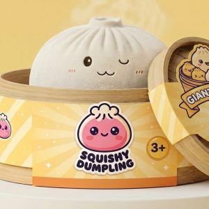 White XXL Dumplings Squishy Toy in its bamboo steamer box