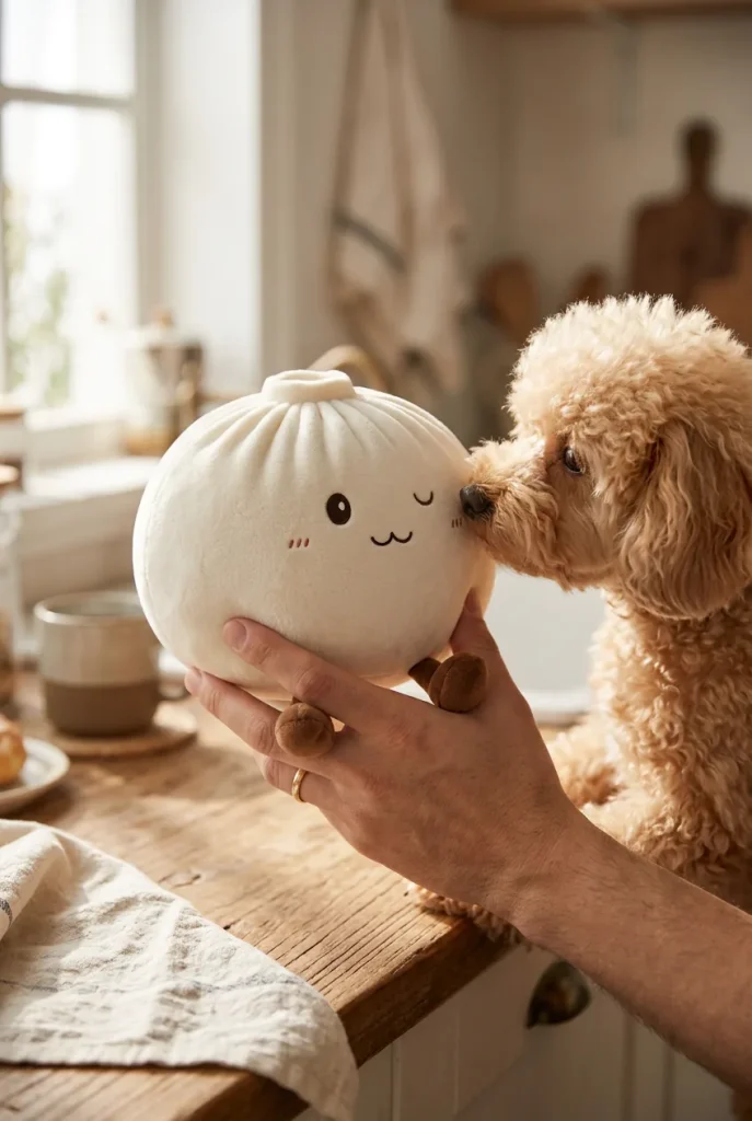 White XXL Dumplings Squishy Toy with a plush friend