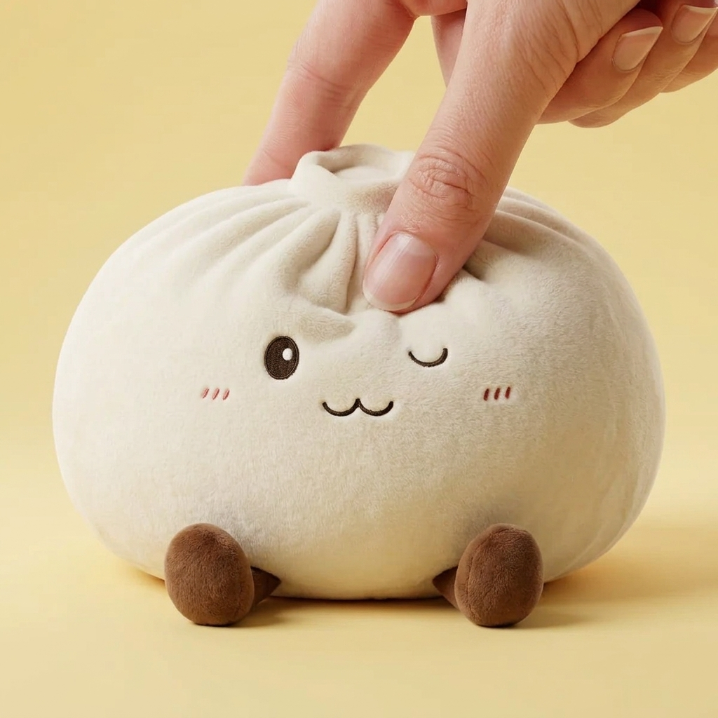 White XXL Dumplings Squishy Toy being squeezed, soft slow-rise foam