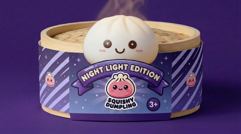 Moonlight White Dumpling Squishy Night Light in its bamboo steamer box