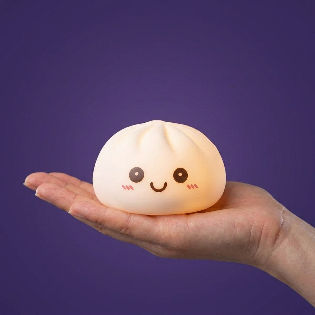 Moonlight White Dumpling Squishy Night Light held in hand, actual size