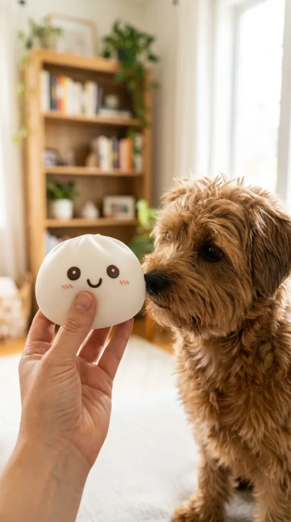 Moonlight White Dumpling Squishy Night Light with a plush friend