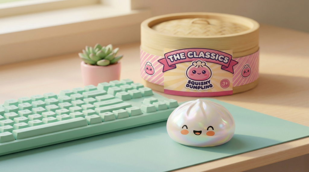 White Cloud Dumpling Squishy in its kawaii setting