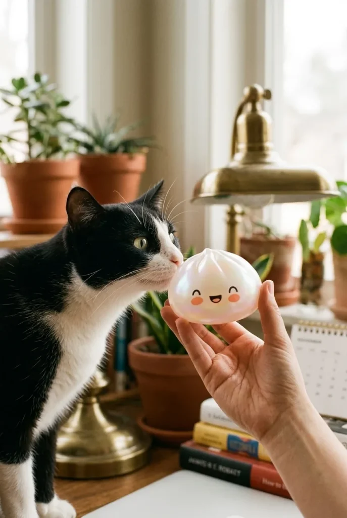 White Cloud Dumpling Squishy with a plush friend