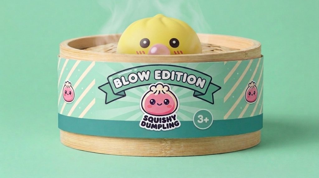 Jumbo Yellow Dumpling Squishy in its bamboo steamer box