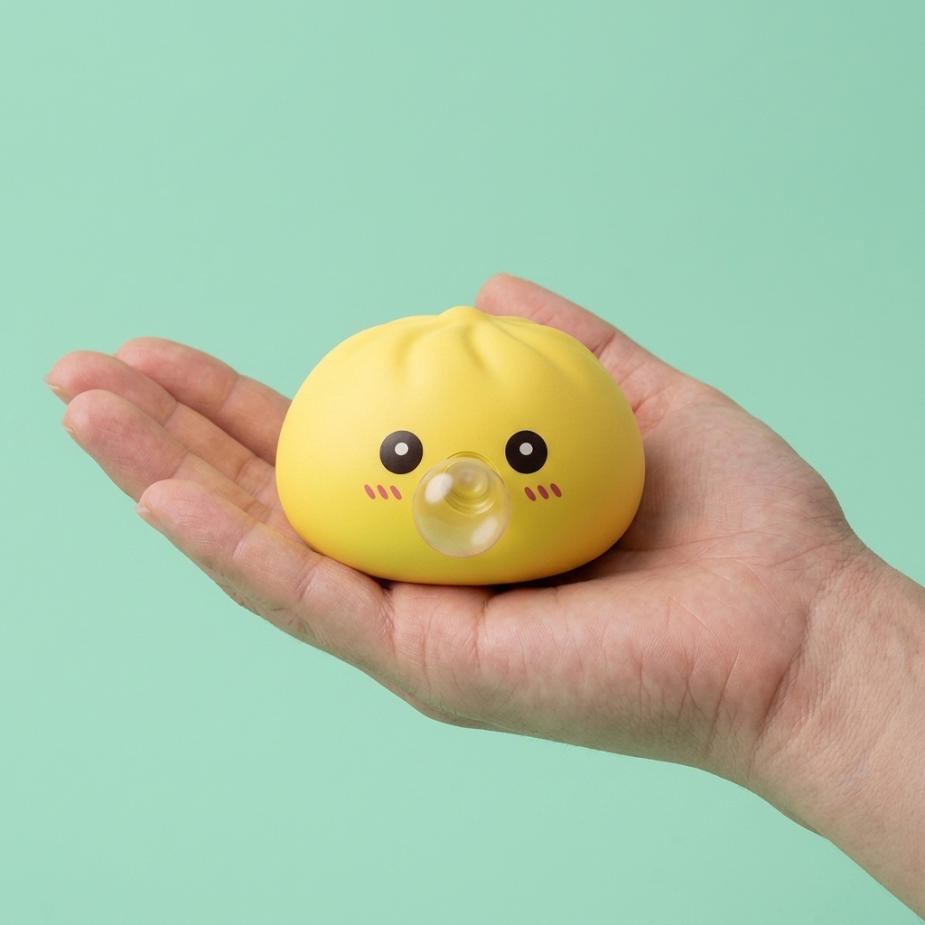 Jumbo Yellow Dumpling Squishy held in hand, actual size