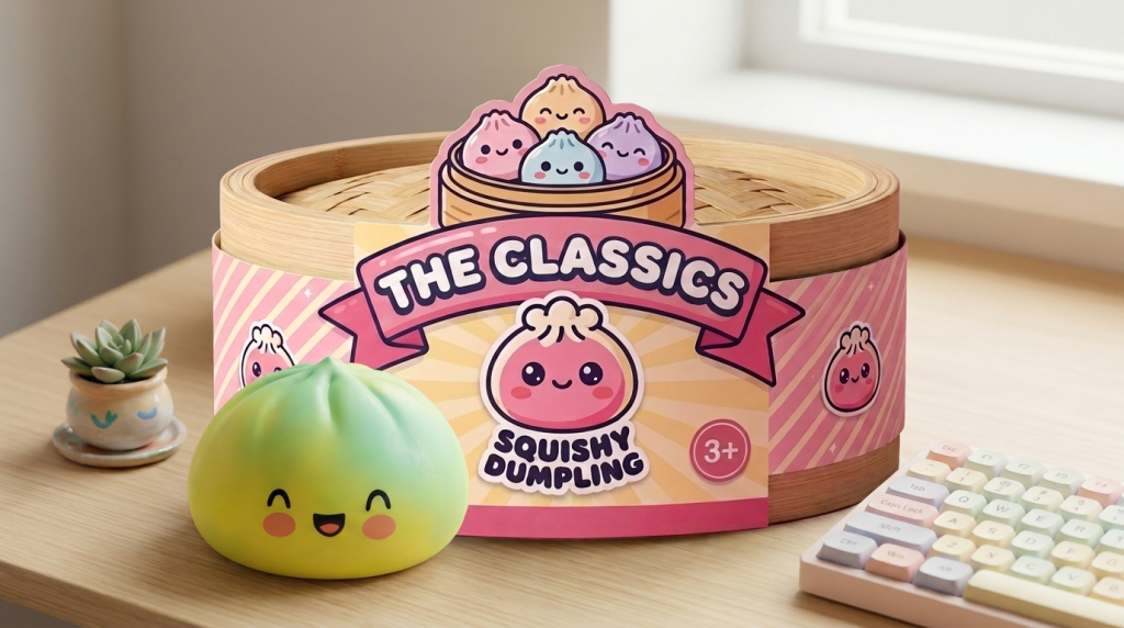 Yellow Fade Dumpling Squishy in its kawaii setting