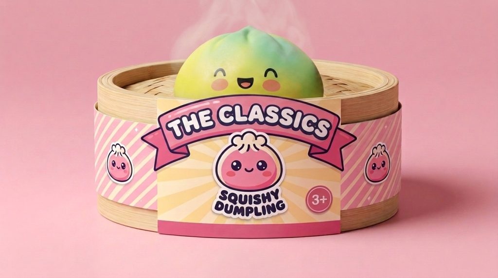 Yellow Fade Dumpling Squishy in its bamboo steamer box
